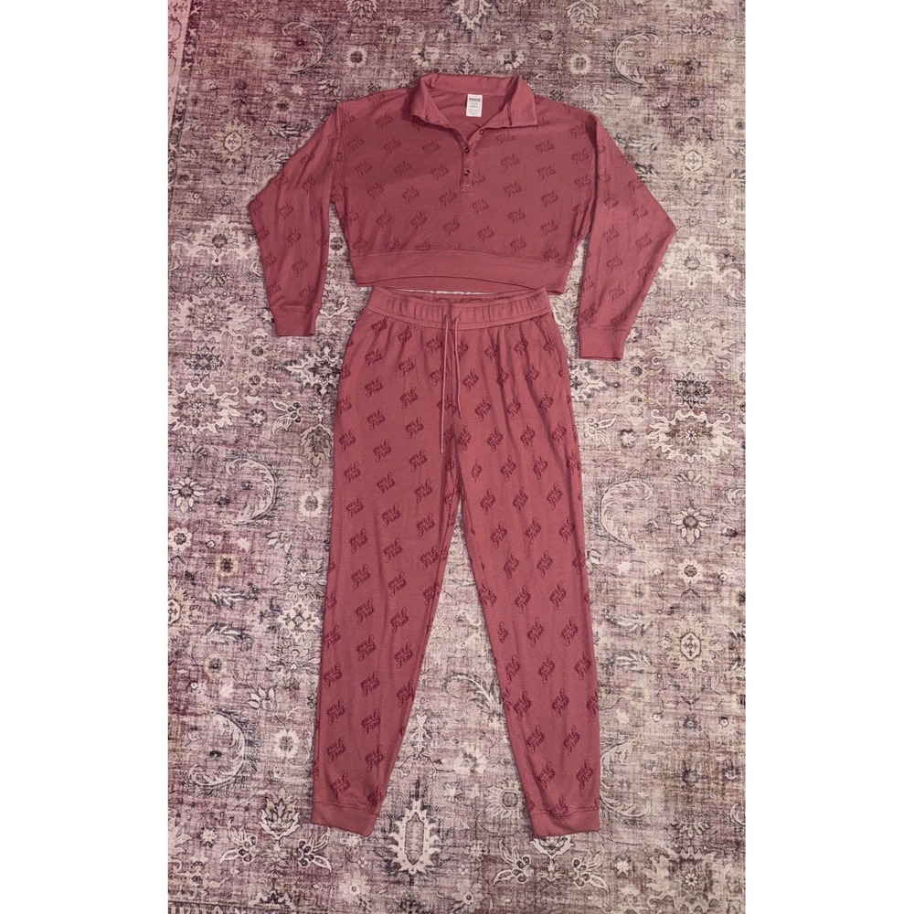 Victoria's Secret PINK Waffle Knit Lounge Set Dusty Rose Logo Crop Top Joggers M